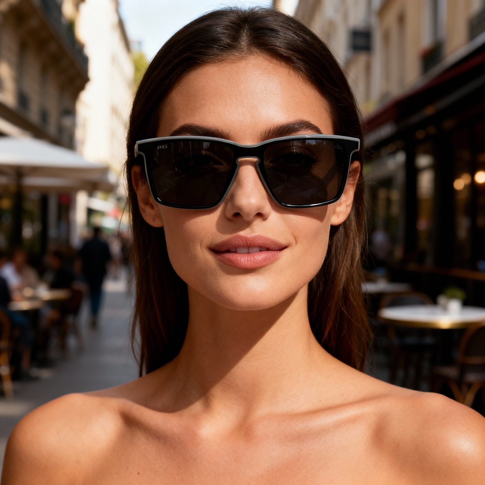 Gafas de sol clásicas BOSS para mujer con montura de acetato negro, lentes no polarizadas degradadas con protección UV, varillas de 145 mm, Photo 6