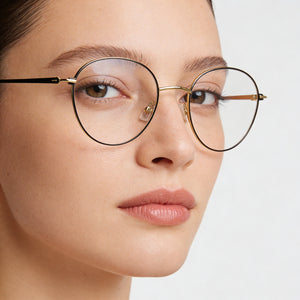Hugo Boss Round Eyeglasses Women — side view, Gold Black Alloy Steel temples