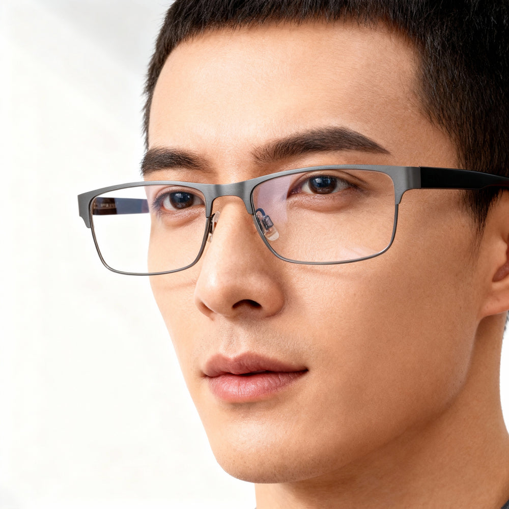 Hugo Boss HG1263 Rectangle Eyeglasses Men — side view, Silver Alloy Steel temples