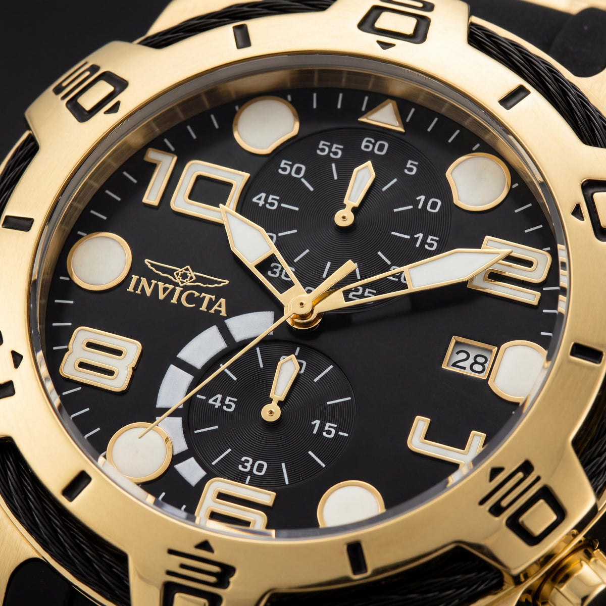 Invicta Reloj de Hombre Bolt Cronógrafo Cuarzo Caja de 50mm Chapada en Oro Amarillo Esfera Negra Correa de Dos Tonos, Photo 2