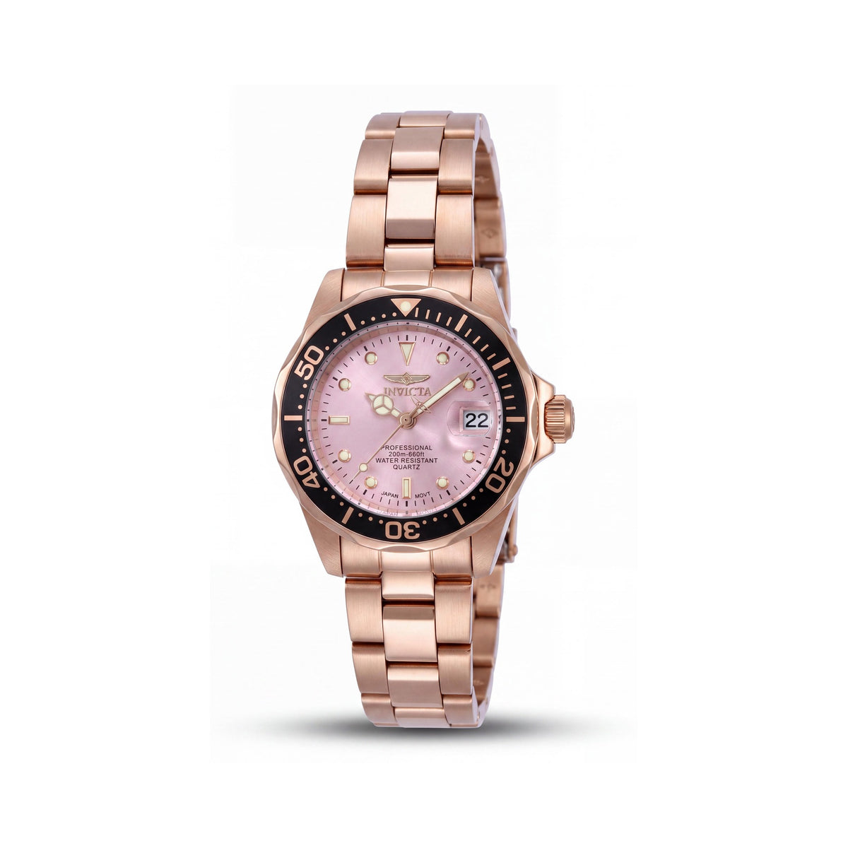 Reloj de pulsera Invicta Pro Diver 14100 para mujer, de 24 mm, acero inoxidable chapado en oro rosa, cuarzo, esfera rosa luminosa, Photo 1