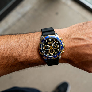 Invicta Pro Diver 46121 Chronograph Watch worn on wrist, Silver Stainless Steel case Black Dial
