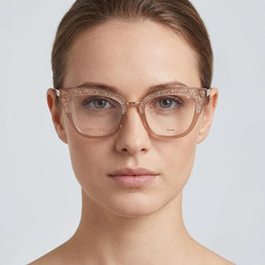 Jimmy Choo Cat Eye Eyeglasses Women — side view, Beige Plastic temples