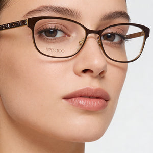 Jimmy Choo Fashion Glasses Rectangle Eyeglasses Women — side view, Brown Metal temples