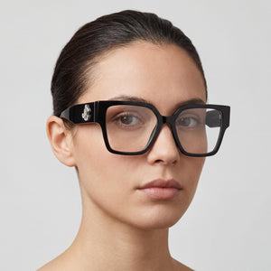 Jimmy Choo JC 3032 B Square Eyeglasses Women — side view, Black Acetate temples