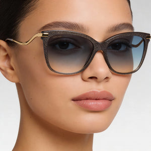 Jimmy Choo Steff/s Square Sunglasses Women — side view, Non-Polarized Grey Gold Glitter lens