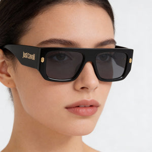 Just Cavalli SJC022 Rectangle Sunglasses Women — side view, Non-Polarized Smoke Mirror Silver lens