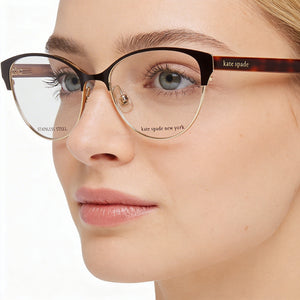 Kate Spade New York Emelyn Cat Eye Eyeglasses Women — side view, Brown Stainless Steel temples