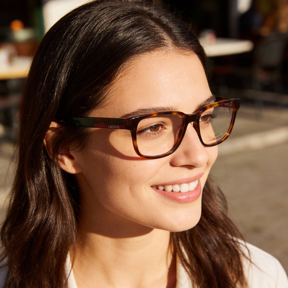 Lacoste L2910 Square Eyeglasses Unisex — side view, Havana Plastic temples