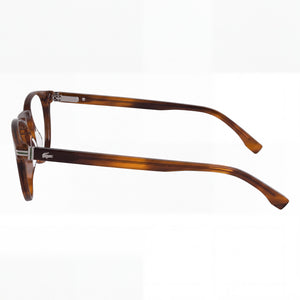 Lacoste L2966 Round Eyeglasses Unisex — side view, Striped Brown Acetate temples