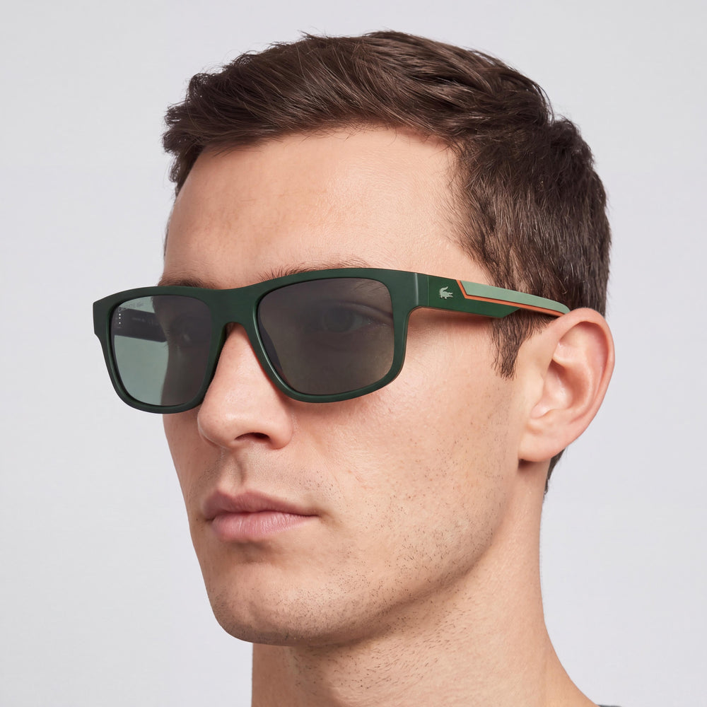 Lacoste L6057S Square Sunglasses Men — side view, Non-Polarized Gradient Mirror Green lens