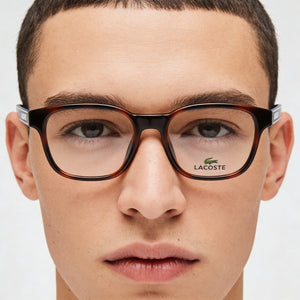 Lacoste Modern Rectangle Eyeglasses Unisex — side view, Havana Plastic temples
