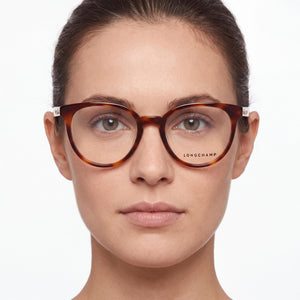 Longchamp Lo2679 Round Eyeglasses Women — side view, Warm Havana Polycarbonate temples