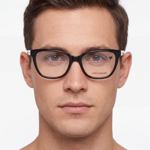 Longchamp Lo2707 Rectangle Eyeglasses Men — side view, Black Acetate temples