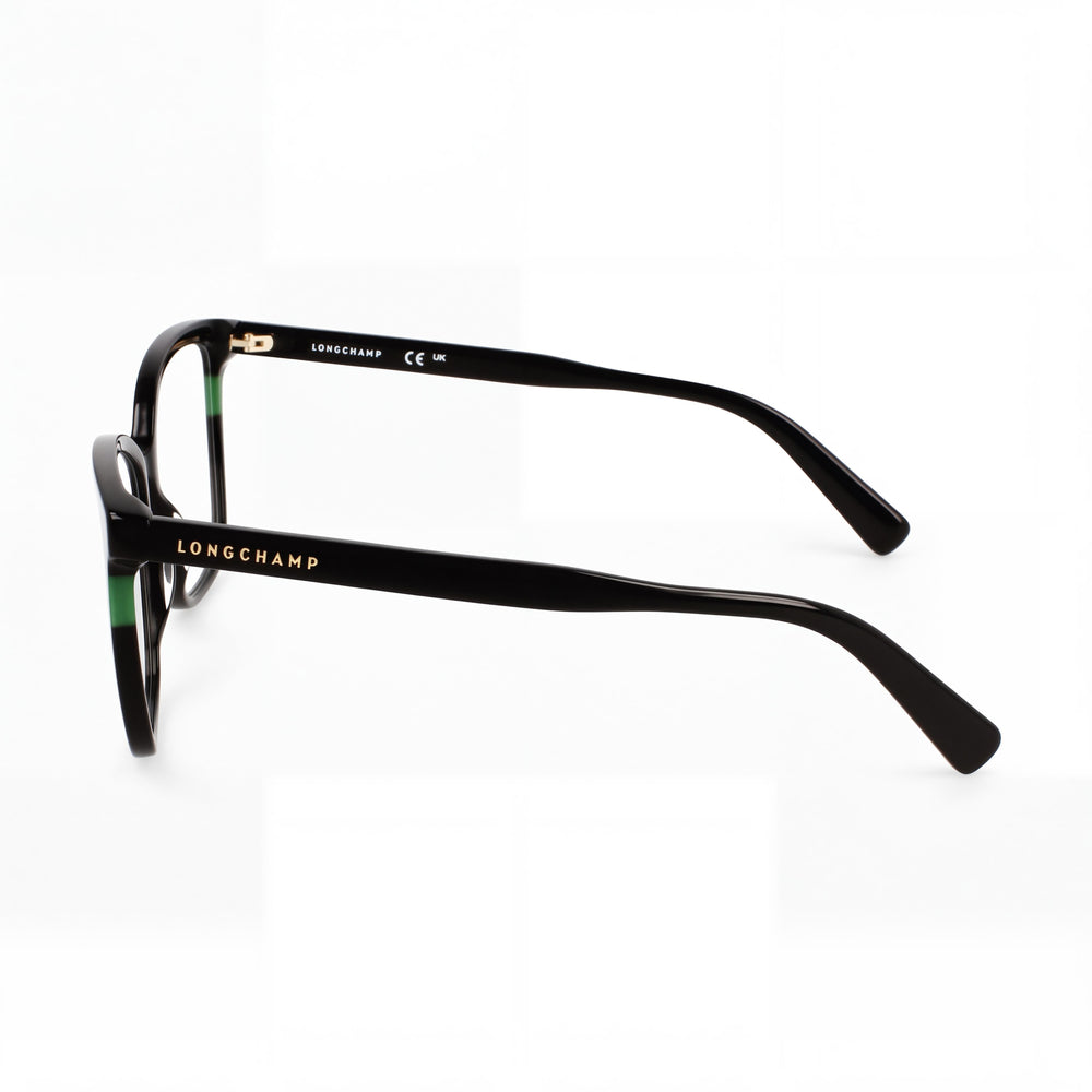 Longchamp LO2741 Rectangle Eyeglasses Women — side view, Black Acetate temples