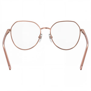Love Moschino MOL560 Round Eyeglasses Women — side view, Gold Copper Metal temples