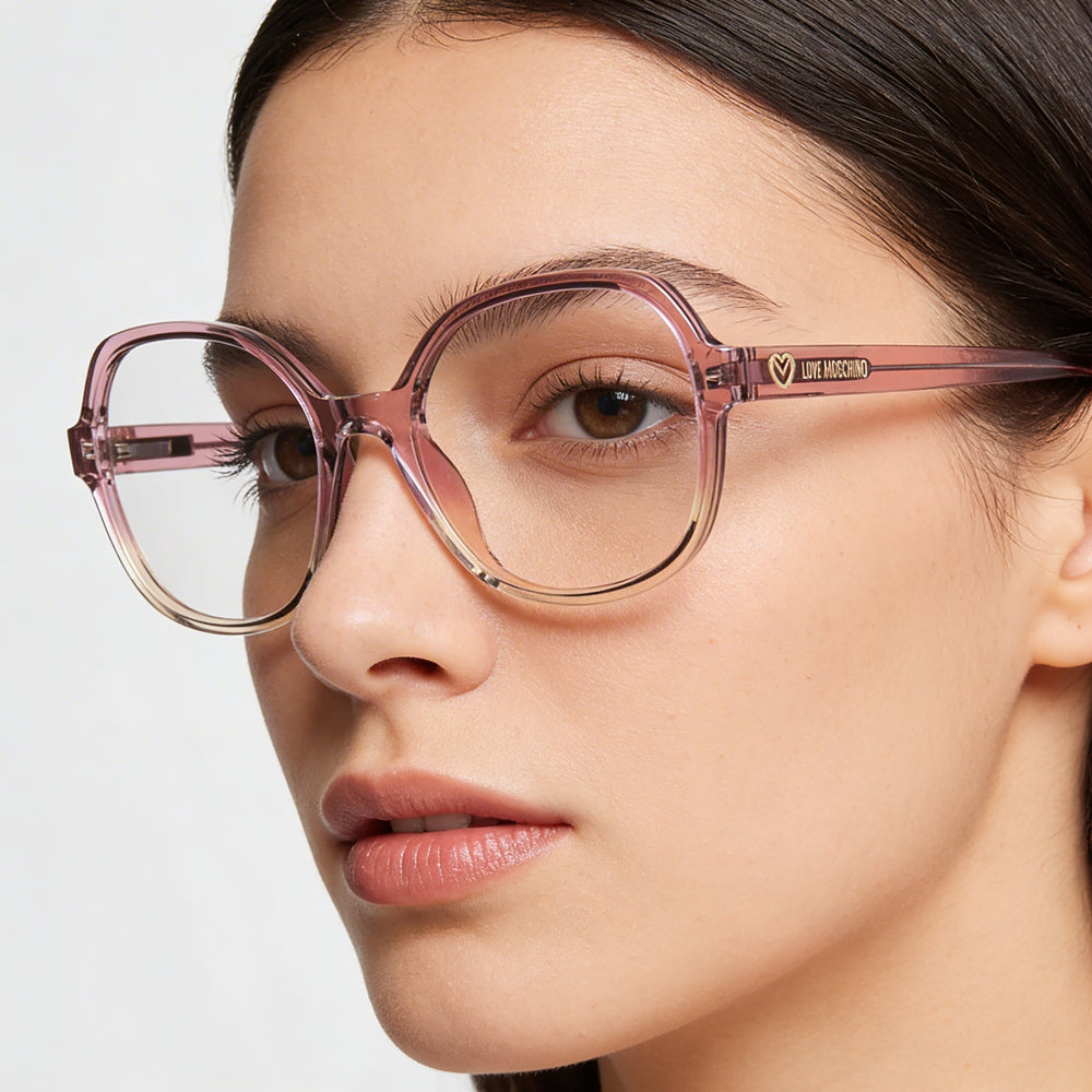 Love Moschino Mol616 Square Eyeglasses Women — side view, Pink Cellulose temples