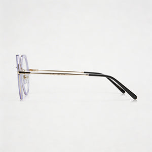 Marc Jacobs Round Eyeglasses Women — side view, Gold Alloy Steel temples