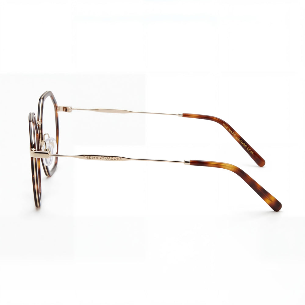 Marc Jacobs Marc 538 Geometric Eyeglasses Women — side view, Havana Stainless Steel temples