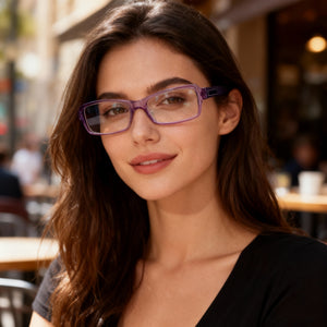 Marc Jacobs Modern Rectangle Eyeglasses Women — side view, Violet Acetate temples