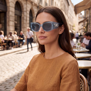 Michael Kors MK2244U Square Sunglasses Women — side view, Non-Polarized Blue Grey Solid lens