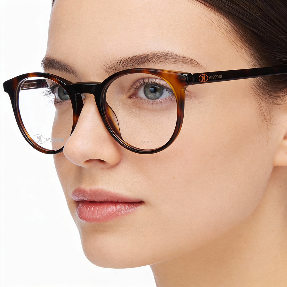 Missoni Round Eyeglasses Women — side view, Havana Acetate temples