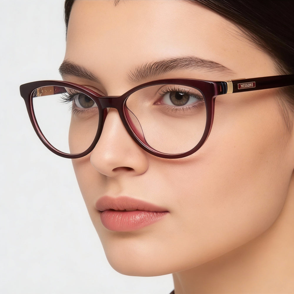 Missoni Oval Eyeglasses Women — side view, Red Acetate temples