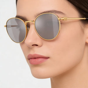 Miu Miu Round Sunglasses Women — side view, Polarized Light Grey Silver Mirror lens