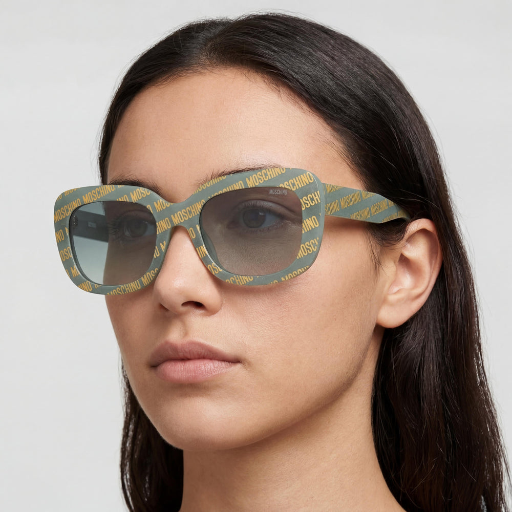 Moschino 205413 Rectangle Sunglasses Women — side view, Non-Polarized Green Pattern lens