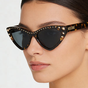 Moschino Classic Cat Eye Sunglasses Women — side view, Non-Polarized Dk Blue Shaded lens