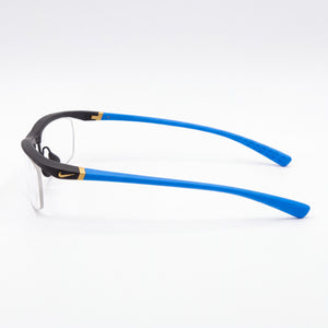 Nike 7070/3 Rectangle Eyeglasses Men — side view, Matte Black/Photo Blue Plastic temples