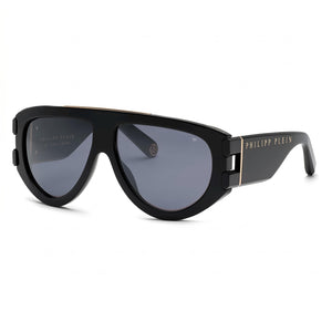 Philipp Plein SPP127M Black Shield Sunglasses for Men, Smoke Silver lens