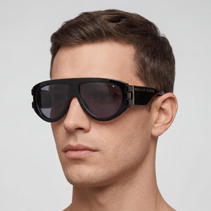 Philipp Plein SPP127M Shield Sunglasses for Men — interior view, Smoke Silver lens detail