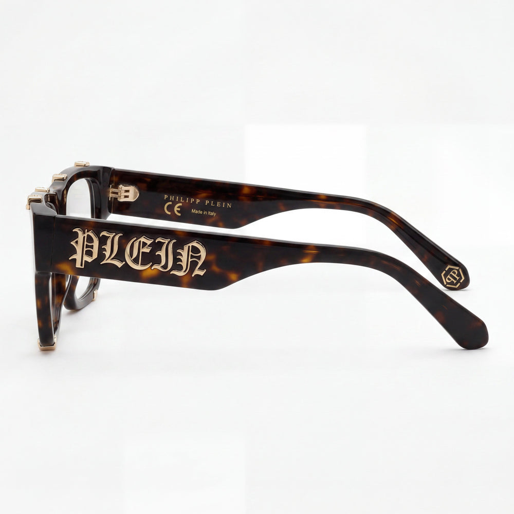Philipp Plein VPP042W Square Eyeglasses Men — side view, Havana Acetate temples