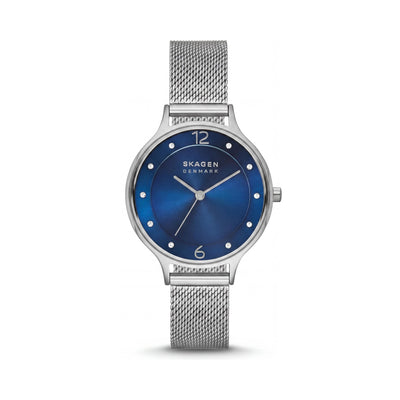SKAGEN DENMARK Reloj analógico de cuarzo Anita Lille para mujer, de acero inoxidable, con esfera azul y malla plateada, segundero y resistente al agua hasta 30 m.