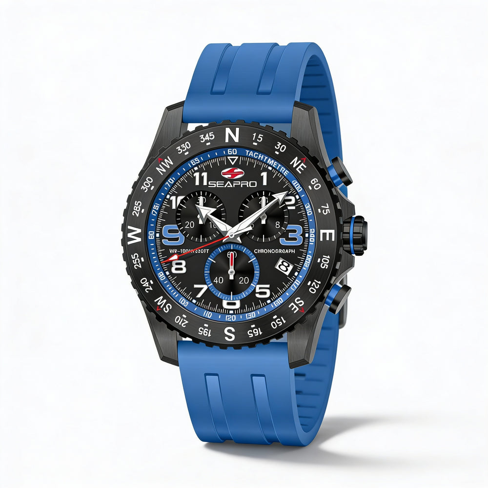 Seapro Men's Quartz Chronograph Watch Black Stainless Steel Case Rubber Strap