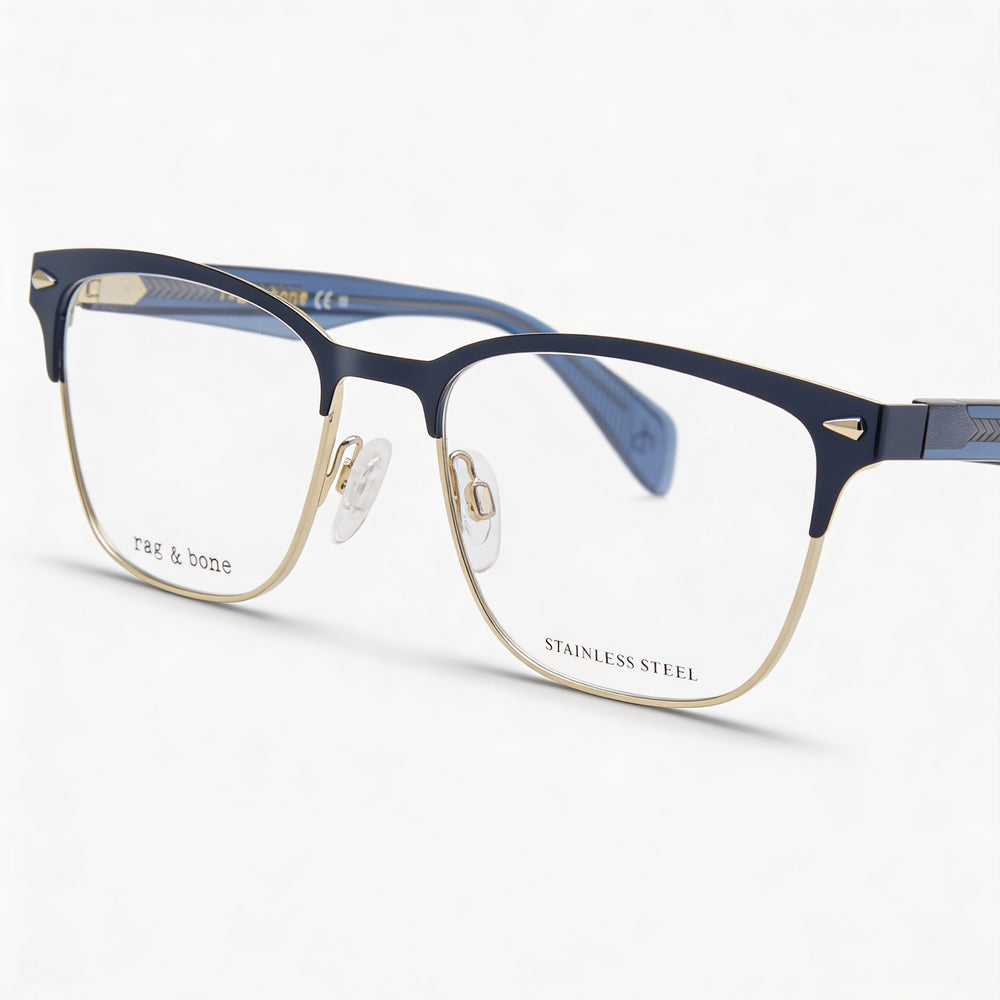 Monturas ópticas de acero inoxidable azul para mujer Rag & Bone Rnb3022, graduadas, 53-17-140