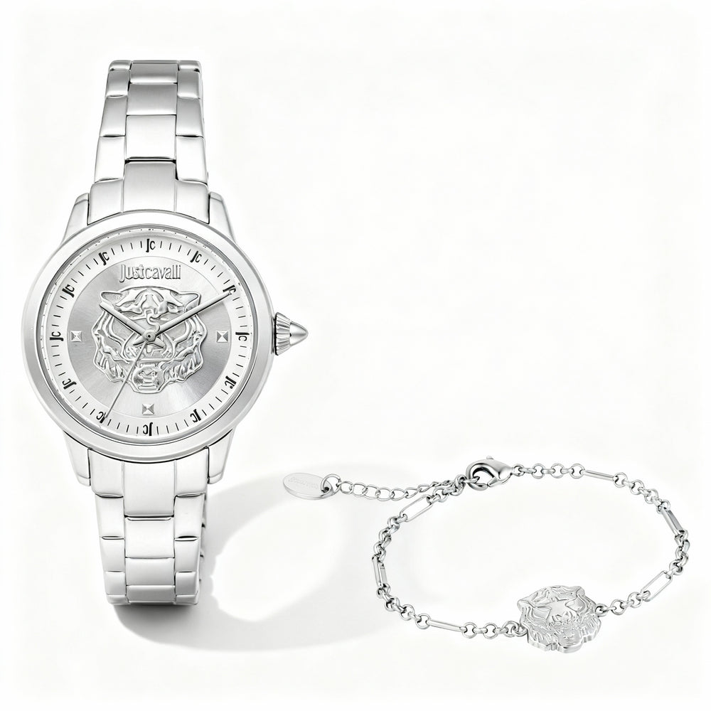 Conjunto de reloj y pulsera Just Cavalli para mujer, acero inoxidable plateado, movimiento de cuarzo, caja de 30 mm