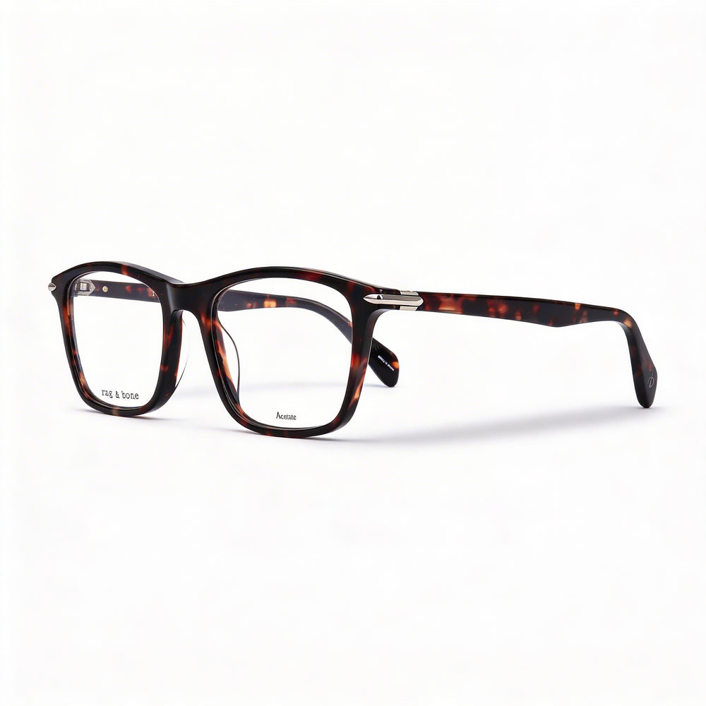 Gafas de hombre Rag & Bone con montura de acetato havana y lentes de plástico transparente, ancho de la lente 51 mm, ancho del puente 19 mm, largo de la patilla 145 mm