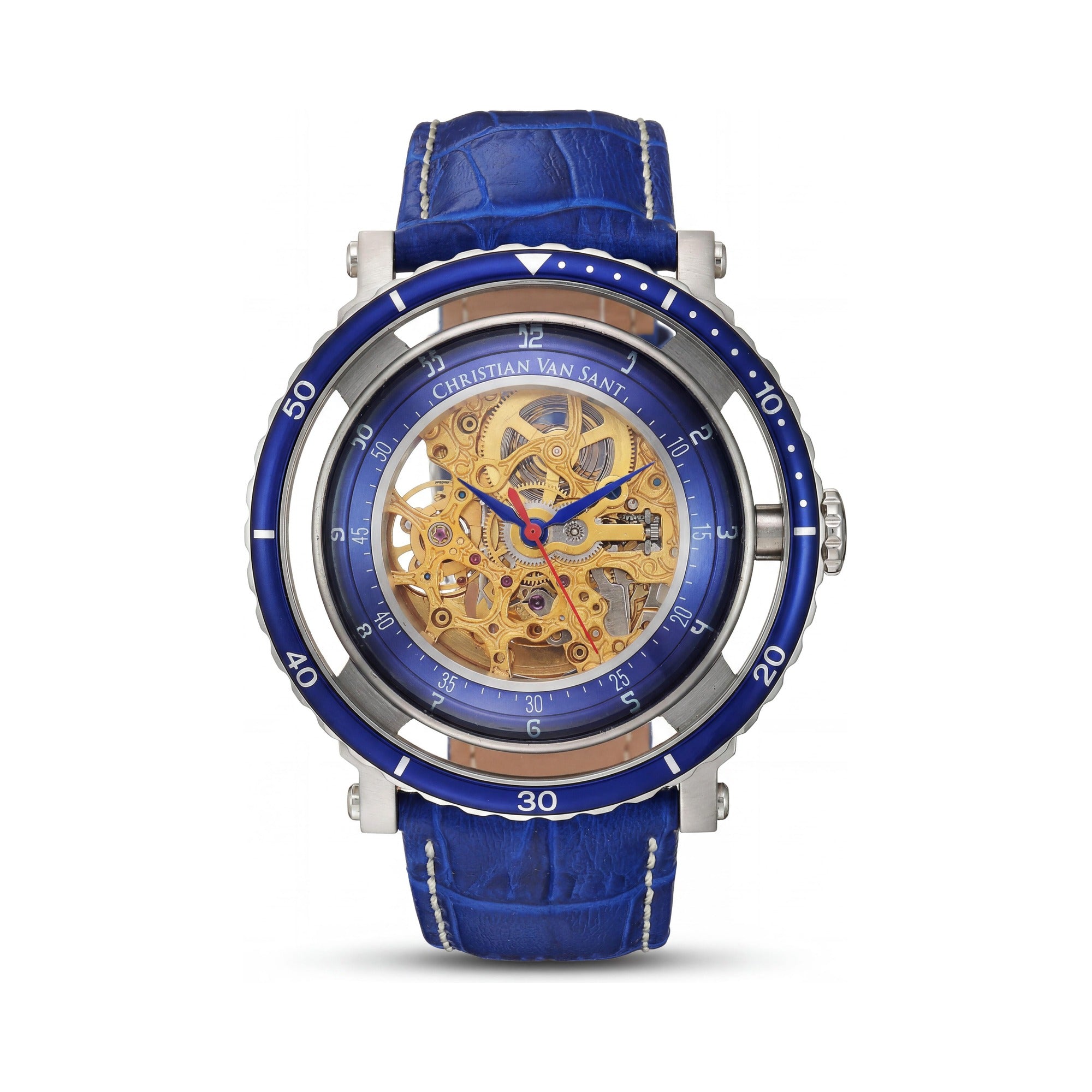 Christian Van Sant CV0740 Casual Men's Gold Skeleton Leather Strap Water Resistant Watch with Timer & Slide-Rule, 45mm, Photo 1
