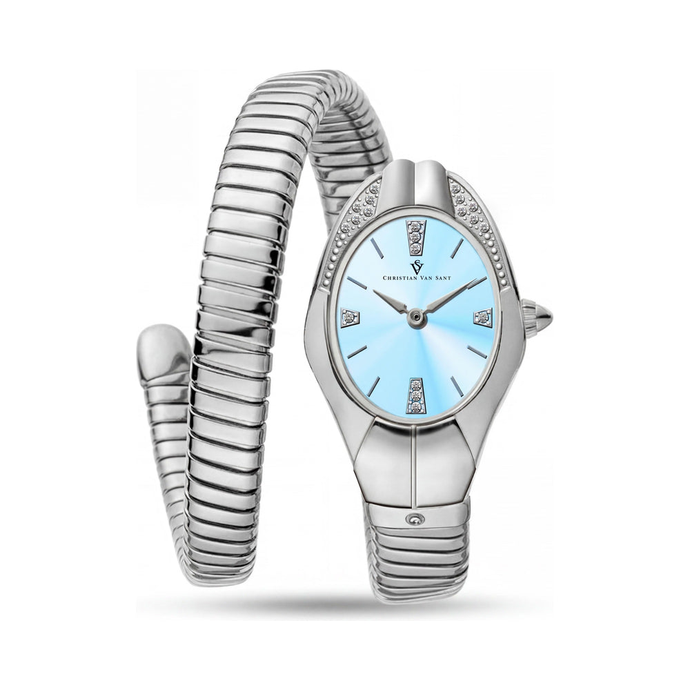 Reloj Christian Van Sant para mujer, de cuarzo, resistente al agua, con caja y pulsera de acero inoxidable y esfera azul.