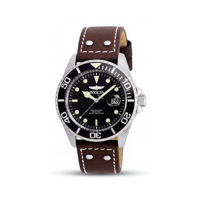 Invicta Men's Pro Diver 200m Water Resistant Luminous Quartz Black Dial Brown Leather Strap 43mm Watch