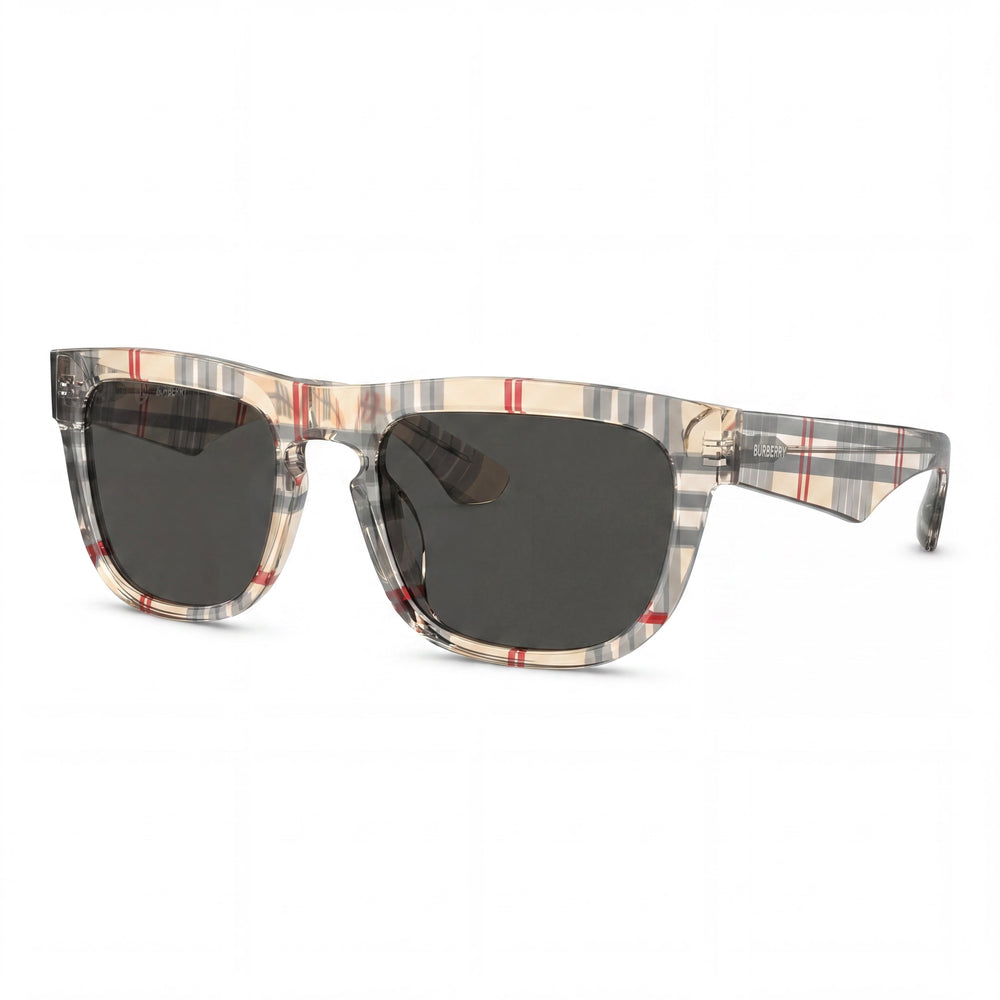 Burberry BE4431U Men's Square Acetate Sunglasses, Havana Gray Solid Frame, Dark Grey Lenses, 56mm, 100% UV Protection