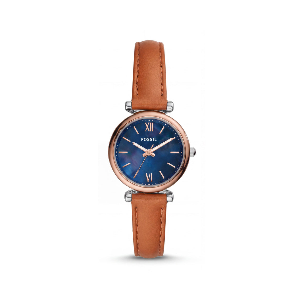 Fossil Carlie Mini Women's Brown Leather Strap Rose Gold Blue Dial Water Resistant 28mm Watch, Photo 1