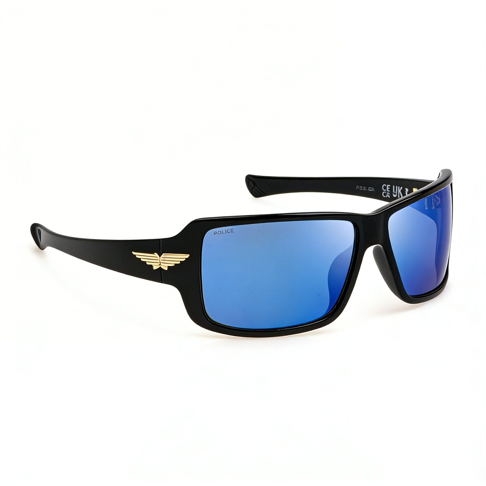 Gafas de sol Police Casual para hombre, sin polarizar, en negro brillante, con lentes azul ahumado espejado, 65 mm, Photo 2