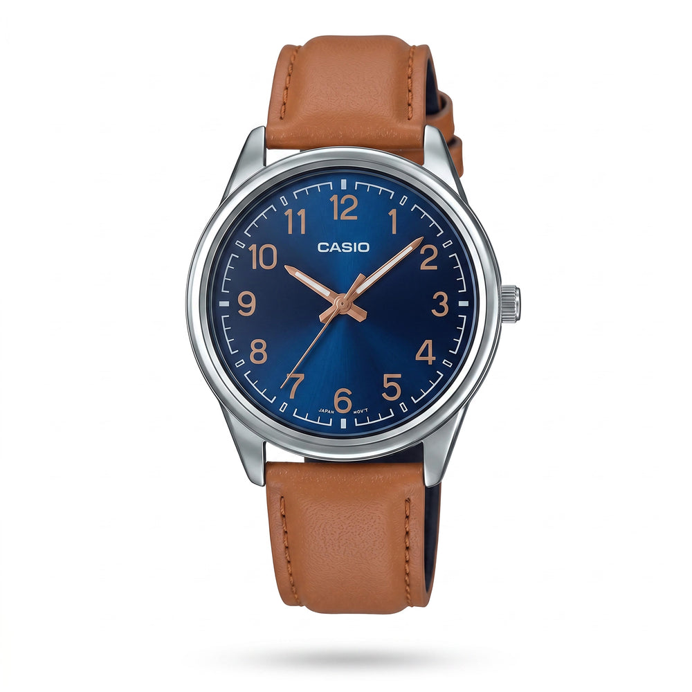 Casio Quartz Movement Men's Blue Case Black Dial Stainless Steel Leather Water Resistant Analog Watch 40mm