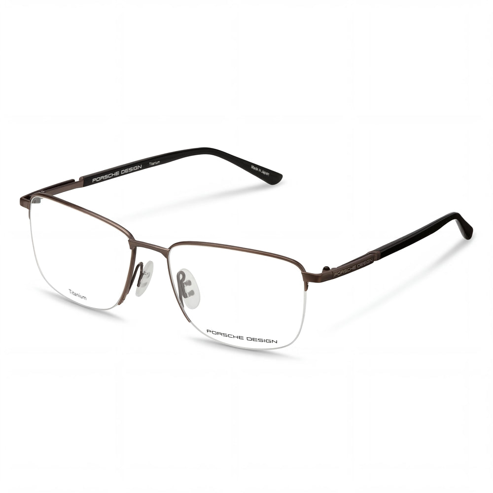 Gafas Porsche Modern para hombre con montura de titanio y combinación de colores marrón y negro, ancho de lente de 56 mm