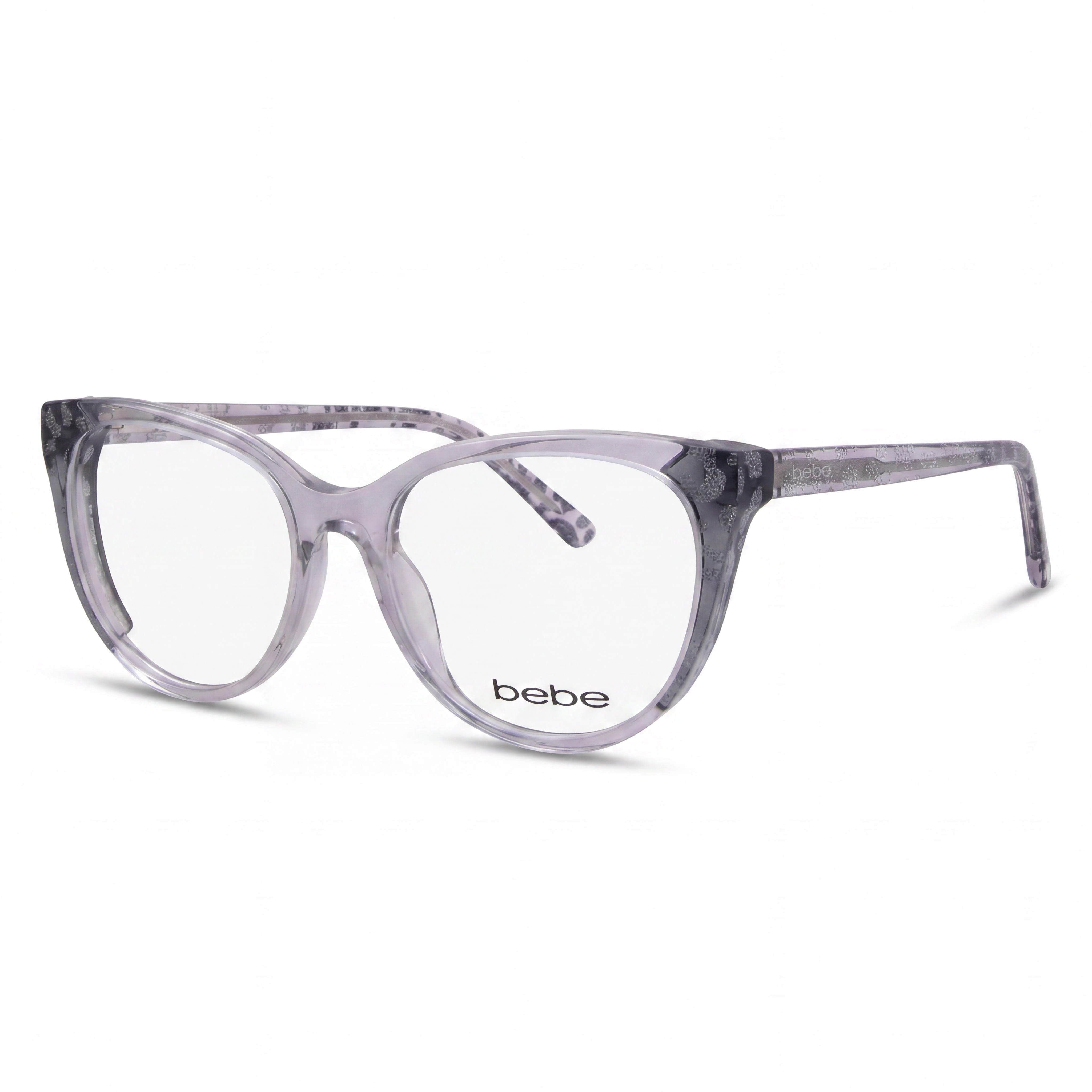 Montura de gafas ópticas Bebe Bb5208 de plástico gris con estampado animal y forma de ojo de gato para mujer, 52 mm de ancho de lente, Photo 1