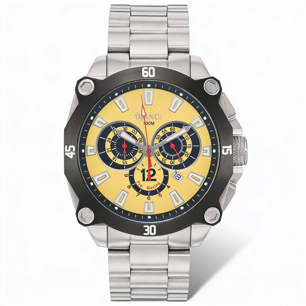 Roberto Bianci Men's Analog Chronograph Quartz Watch with Silver Stainless Steel Case & Bracelet, Yellow Dial