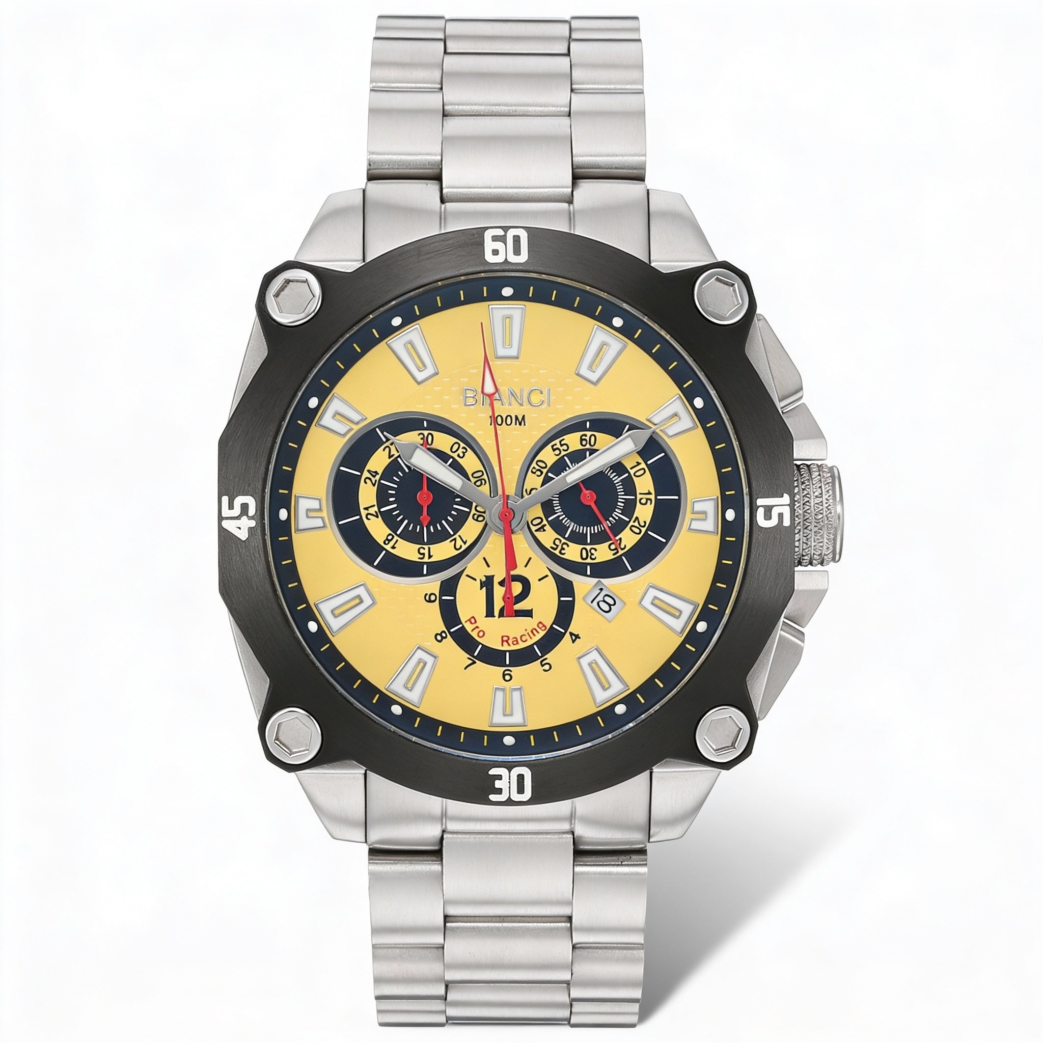 Reloj cronógrafo analógico de cuarzo Roberto Bianci para hombre con caja y pulsera de acero inoxidable plateado, esfera amarilla, Photo 1